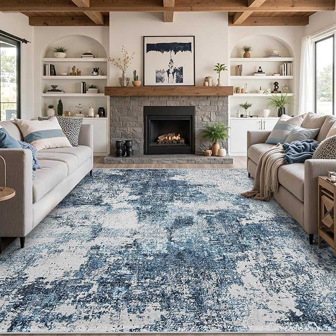 10x14 Area Rugs Living Room Rugs: Large Washable Rug with Anti-Slip Backing Non-Shedding Stain-Resistant Soft Abstract Carpet for Bedroom Dining Room Nursery Home Office- Blue