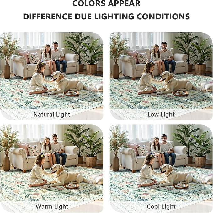 8x10 Area Rugs, Machine Washable Low Pile Floral Rugs for Living Room, Bedroom, Large Boho Area Rug with Non-Slip Backing for Dining Room(Beige Bloom)