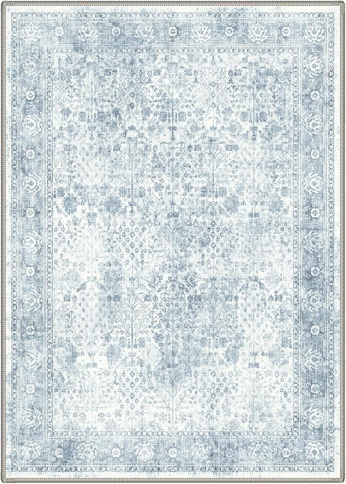 Bavni Washable Rugs 8x10 Machine Washable Rug Lightweight Low Pile, Vintage Floral Rug Non-Shedding Distressed Throw Carpet for Living Room Bedroom Office, Blue