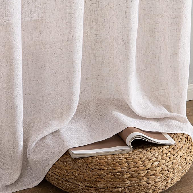 MIULEE Natural White Linen Curtains 48 Inch Length 2 Panels for Bedroom Living Room, Soft Thick Linen Textured Window Drapes Semi Sheer Light Filtering Back Tab Rod Pocket Burlap Look Decor