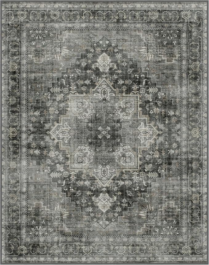 GENIMO 8x10 Area Rugs for Living Room, Machine Washable Non Slip Vintage Rugs, Low Pile Lightweight Print Rug for Bedroom, Dining Room, Home Office, Charcoal Gray