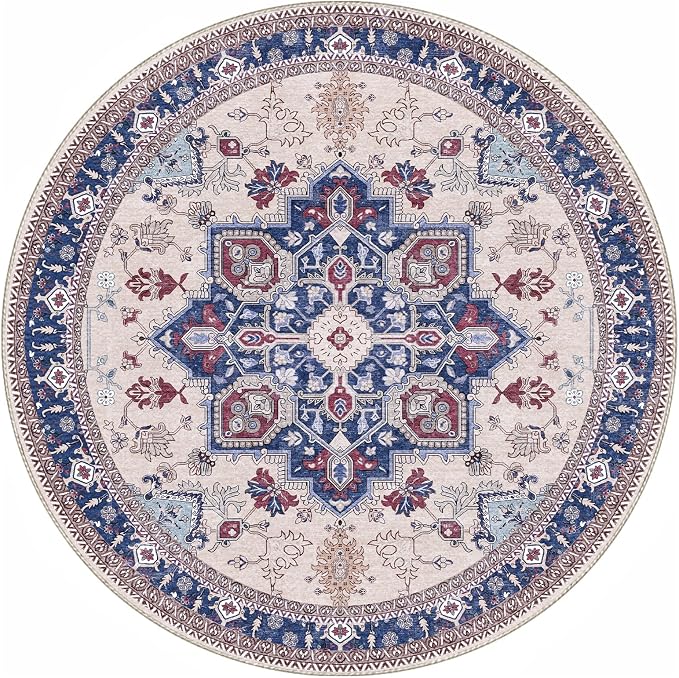 OPPODREAM Soft Round Rug 4ft, Washable Circle Rug 4ft with Non Slip Backing Play Room, Low-Pile Carpet 4 ft, Small Faux Cashmere Throw Carpet, Navy Blue & Red & Cream