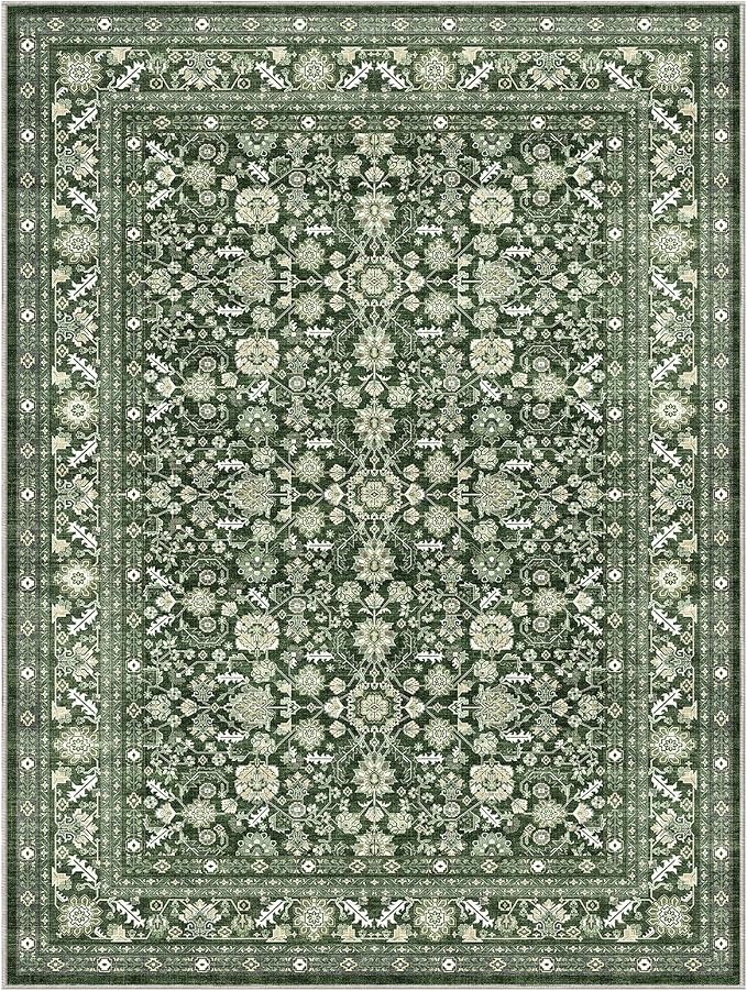 OPPODREAM Low-Pile Area Rugs, Faux Wool Carpet for Living Room, Kitchen, Office, Dorm, Bedroom, Vintage Washable Rug Non Slip, Dark Green, 9'x12'
