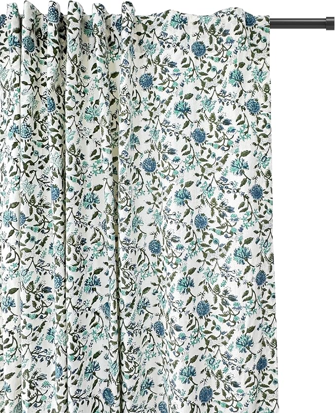 ATOSII 100% Cotton Single Panel Block Print Curtain, Easy Hanging with Rod Pocket & Loop, Living Room, Dining Room, Bedroom Light Filtering Boho Curtains, Set of 1, 60" W X 96" L,Mahoka Blue
