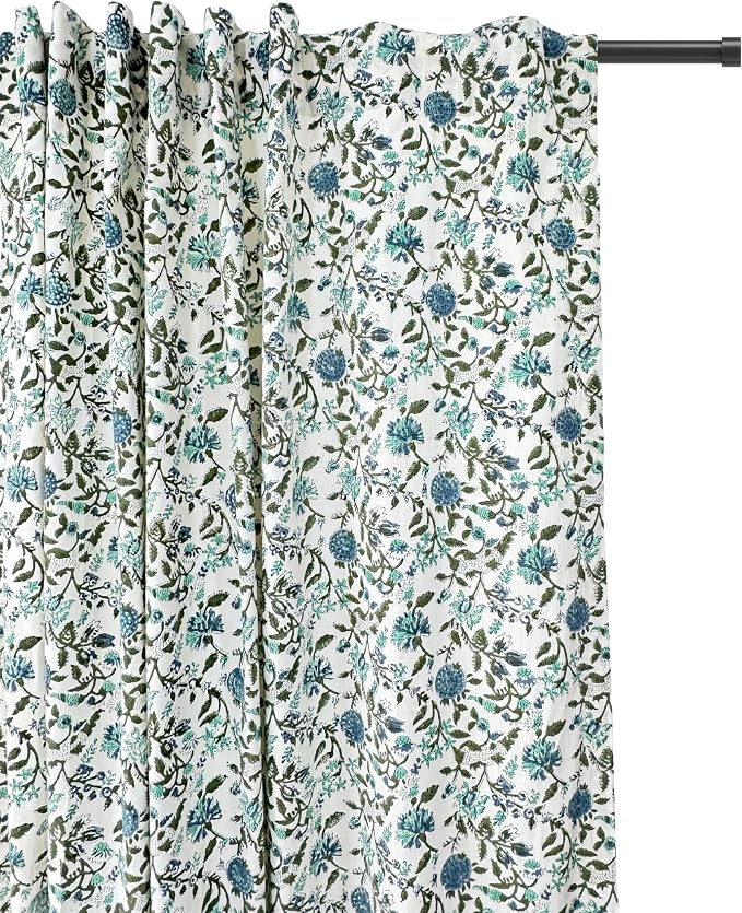 ATOSII 100% Cotton Single Panel Floral Block Print Curtain, Easy Hanging with Rod Pocket & Loop, Living Room, Dining Room, Bedroom Light Filtering Boho Curtains, Set of 1, 60" W X 84" L, Mahoka Blue