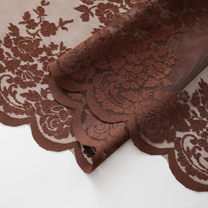 Kotile Warm Brown Sheer Curtains 72 Inches Long 2 Panels W52 x L72 Inch, Brown Colored Vintage Lace Curtains for Bedroom Country Rustic Floral Design Rod Pocket Privacy Light Filtering Cottage Curtain