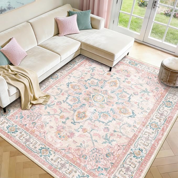 CAPALOCA Machine Washable Rugs Nursery Rug 9x12 Cute Girl Non Slip Low Pile Water Repellent Soft Print Pattern for Bedroom Indoor Decor Kids Playroom Pink Teal