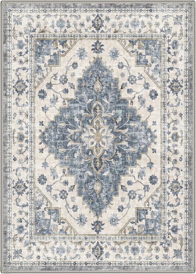 GENIMO 5x7 Floral Medallion Area Rug Machine Washable Non Slip Low Pile, Lightweight Print Pattern Rugs for Living Room Bedroom Dining Room, Dusty Blue