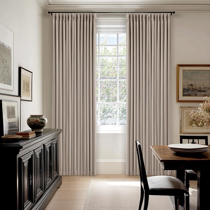 Dark Flax Linen Pinch Pleated 100% Blackout Curtains 90 Inch Length 2 Panels Set Burlywood Birch Tan Brown Pinch Pleat Curtains Black Out Blocking Room Darkening Drapes for Bedroom Living Room Window