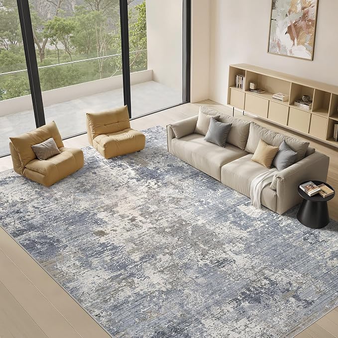 9x12 Area Rugs for Living Room - Washable Living Room Rug Large Abstract Modern Neutral Soft Carpet with Non-Slip Backing, Stain Resistant for Bedroom Dining Decor (Light Denim Blue)