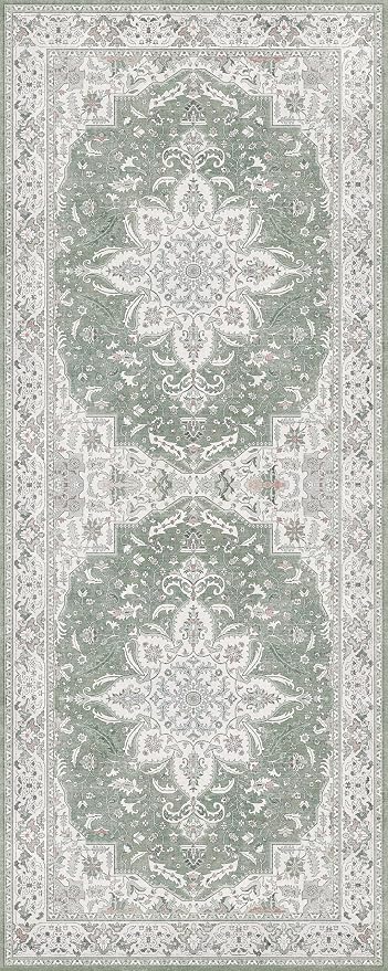 GENIMO 2'6''x6 Washable Vintage Runner Rug for Hallway, Non-Slip Low Pile Chenille Print Rug, Soft Rugs for Indoor Entryway Kitchen Corridor, Sage & Linen