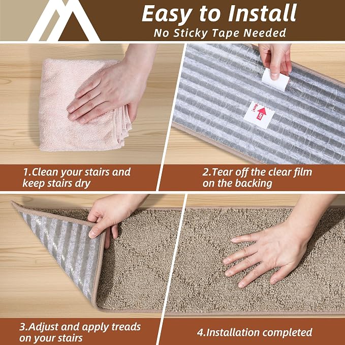 COSY HOMEER Stair Treads for Wooden Steps 11"x30" Washable Indoor Carpet Stair Treads Non Slip Soft Polyester Stair Carpet Tread Reusable Stair Runner Rugs for Kids, Elders,Pets,Beige,15pcs