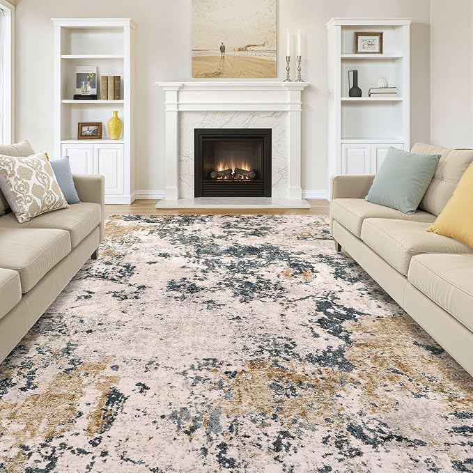 Area Rugs 8x10 Living Room: Washable Large Abstract Modern Neutral Soft Rug Stain Resistant Non-Slip Backing Carpet for Bedroom Dining Room Indoor Nursery Dorm Home Office Decor - Grey Gold