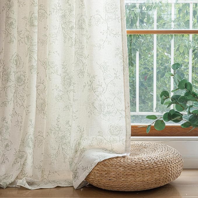 Pinch Pleat Floral Linen Curtains 120 inch Long Green and Cream Memory Trained Curtain Light Filtering Living Room Farmhouse Flower Pattern Printed Pleated Drapes with Hooks 2 Panels 40“W x 120"L