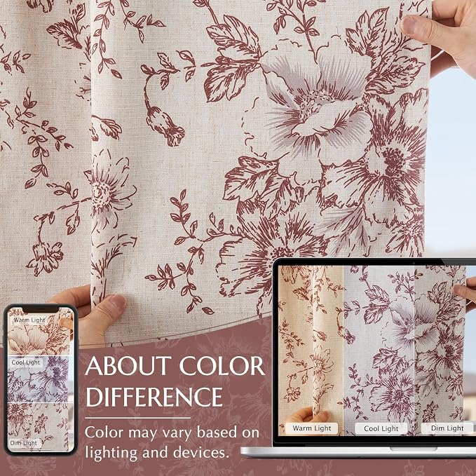 jinchan Linen Floral Tier Curtains 36 Inch Farmhouse Botanic Cafe Curtains Light Filtering Drapes for Small Windows Back Tab Half Window for Kitchen Living Room Bathroom 2 Panels Red