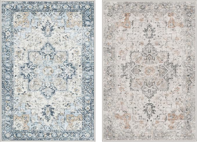 GENIMO 2x3 Reversible Door Mat for Entryway, Machine Washable Non Slip Vintage Rugs, Low Pile Lightweight Soft Print Rug for Hallway, Corridor, Home, Office, Kitchen, Taupe & Blue