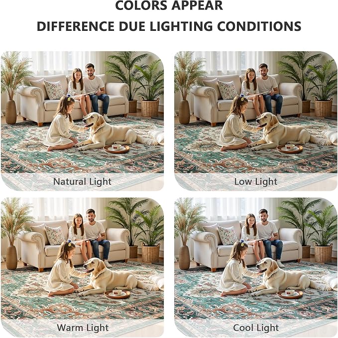 8x10 Area Rugs for Living Room - Washable Rug Vintage Distress Boho Medallion Rugs for Bedroom, Soft Non-Slip Backing Low Pile Carpet for Dining Room Office Nursery Dorm Home, Green Brown