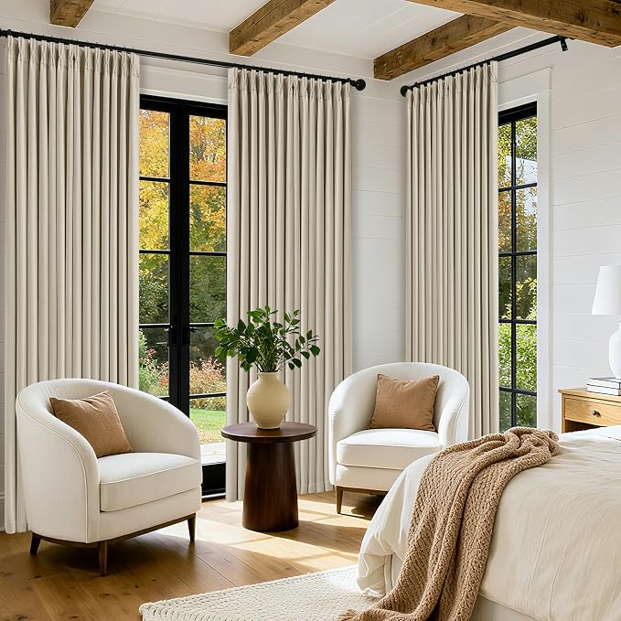 Extra Long Blackout Pleated 108 Inch Curtains Floor Ceiling 2 Panels Set for Living Room Memory Trained Pinch Pleat 100% Black Out Dual Layer Soundproof Thermal Insulated Linen Curtains Oatmeal Beige