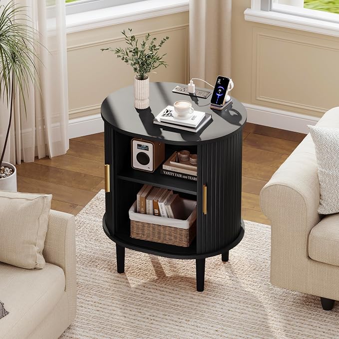DHH Mid Century Modern Nightstand Set of 2 with Charging Station, Fluted Accent Side Table with Sliding Door & Adjustable Shelf, End Table for Small Space, Living Room, Bedroom,Sofa Couch, Black