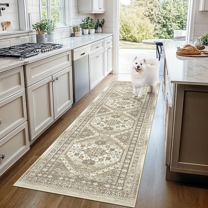 3x10 Runner Rug Non Slip Washable for Entryway, Front Porch, Vintage Hallway Runner for Laundry Room, Bedroom, Stain Resistant Thin Indoor Kitchen Mats for Floor(Brown,3'x10')