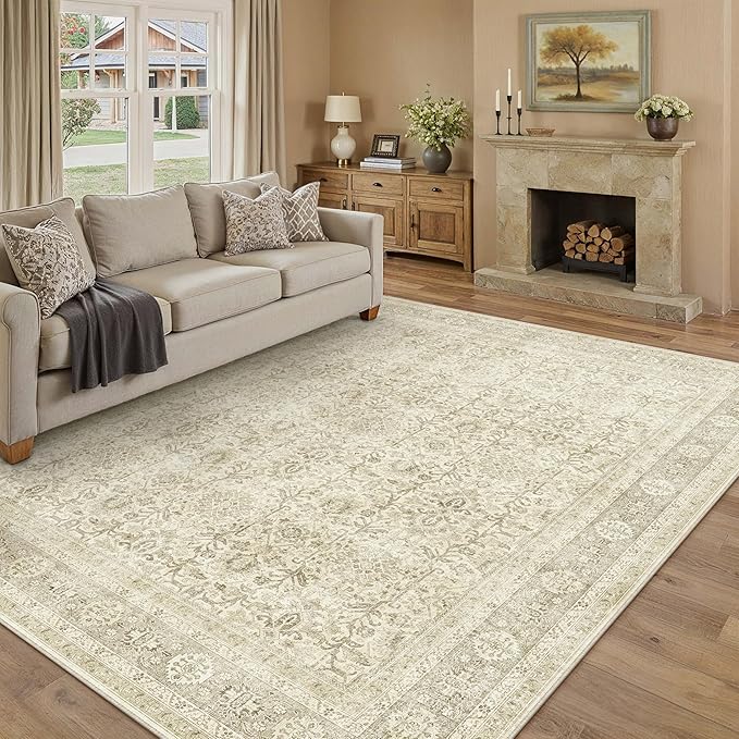 PureCozy Vintage Area Rug 6x9 Beige Washable Living Room Large Carpet Non Slip Bedroom Indoor Office Low Pile Traditional Distressed Retro Accent Rug for Dining Room Kitchen
