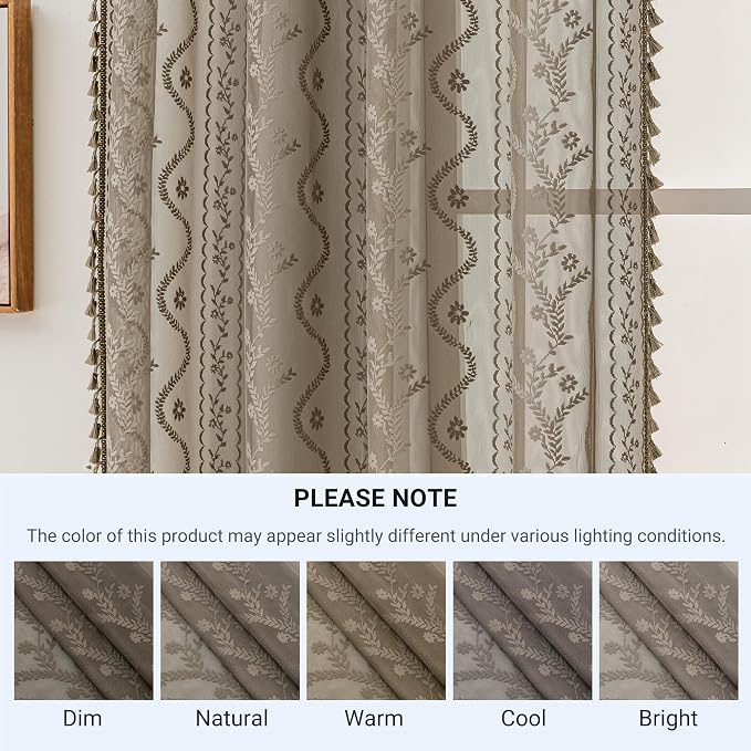 WAZZIO Boho Lace Curtains 2 Panels 63 Inch -Victorian Sheer Panel Drape French Country Floral Pattern & Tassel Light Filtering Privacy for Bedroom Dining Living Room,Coastal Decor,Taupe,W52x L63