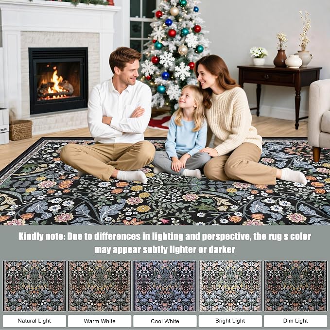 Runner Rug for Entryway: 2.6x10 Kitchen Rugs Non Slip Washable Ultra-Thin Soft Floral Carpet Indoor Floor Stain Resistant Carpets for Hallway Bedroom Kitchen Laundry Bathroom Dorm Dark Black