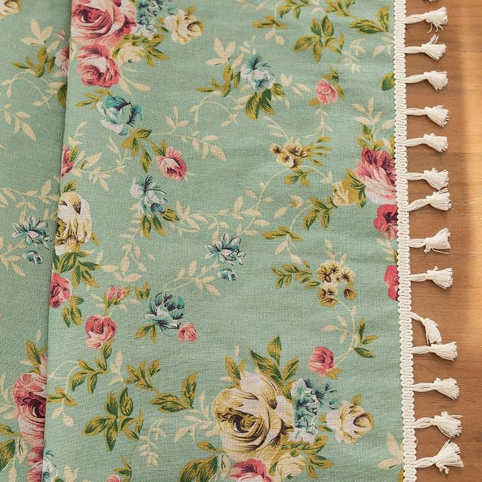 OYX Floral 63 Inch Curtains for Living Room Green Drapes Bedroom Semi Sheer Rod Pocket Short Window Curtains 2 Panel Sets Boho Farmhouse Vintage Light Filtering Window Treatments