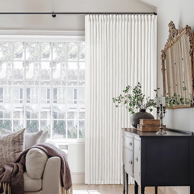 TWODRAPES Ivory White Pinch Pleated Extra Wide Linen Curtains 84 Inches Long for Patio Sliding Glass Door 70 Inch Wide Pleated Drapes with Hooks Rings Semi Sheer 70x84 Curtain for Living Room 1 Panel
