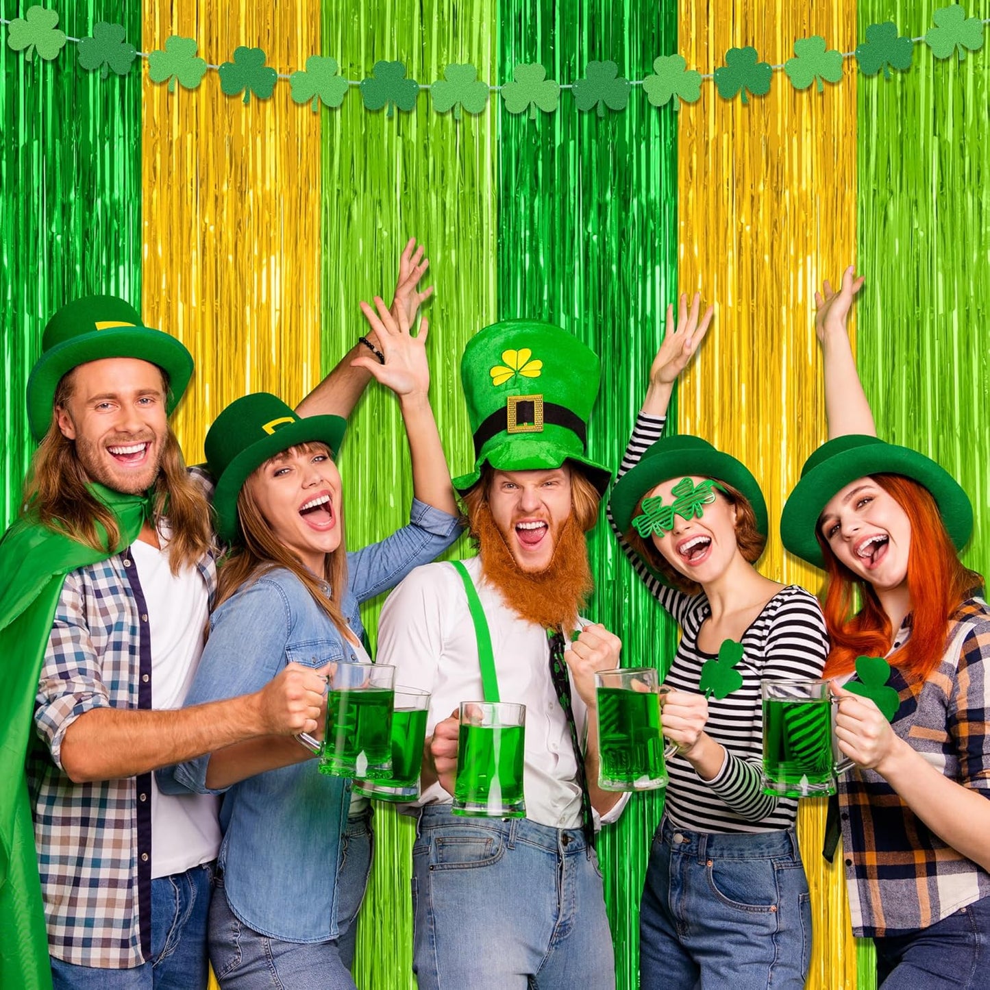 2 Pack St Patrick Party Decorations, 3.28 FT x 7.05 FT Green Gold Light Green Backdrop Curtains, Metallic St.Patrick Fringe Curtains Party Streamer Tinsel Backdrop, St Patrick Party Supplies