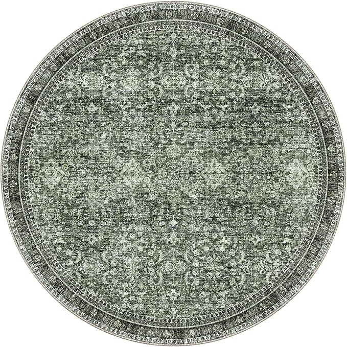 Sasttie Round Rugs 8ft, Ultra-Soft Washable Circle Rug, Low Pile Foldable Thin rugs with Non-Slip Backing, Skin-Friendly Stain Resistant Carpet for Living Room, Bedroom, Kitchen, Dorm, 8ft, Dark Green