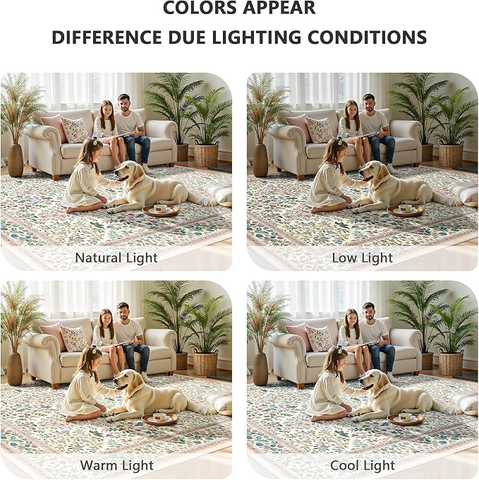 8x10 Area Rugs, Machine Washable Low Pile Floral Rugs for Living Room, Bedroom, Large Boho Area Rug with Non-Slip Backing for Dining Room(Pink Floral)