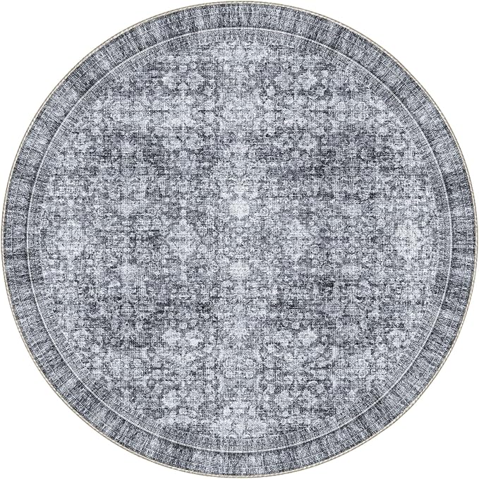 Sasttie Round Rugs 8ft, Ultra-Soft Washable Circle Rug, Low Pile Foldable Thin rugs with Non-Slip Backing, Skin-Friendly Stain Resistant Carpet for Living Room, Bedroom, Kitchen, Dorm, 8ft, Black Grey