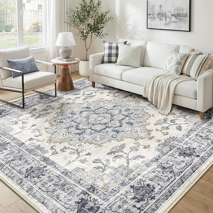 CAPALOCA Machine Washable Rugs Nursery Rug 5x7 Cute Girl Non Slip Low Pile Water Repellent Soft Print Pattern for Bedroom Indoor Decor Kids Playroom Blue White