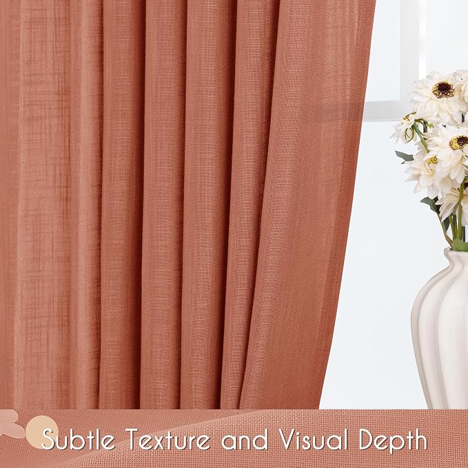 80 inch Linen Terracotta Curtains 2 Panels for Living Room Back Tab Light Filtering Semi Sheer Rust Colored 80 inches Long Soft Thick Cotton Cloth Textured Rustic Boho Farmhouse Room Decor