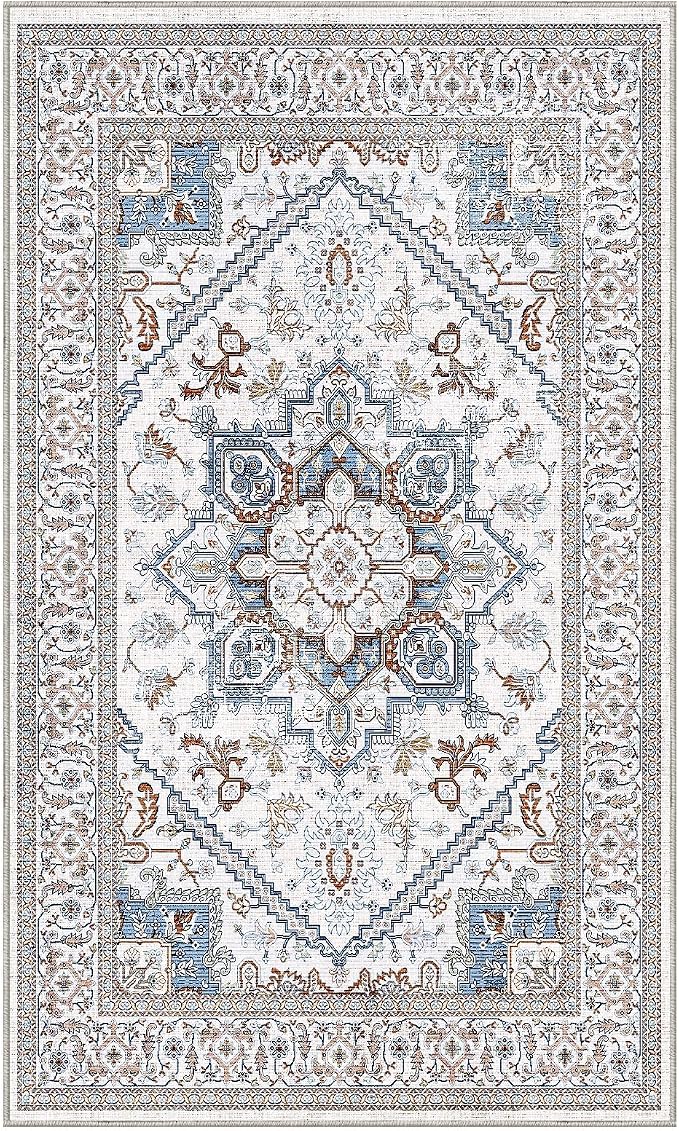 OPPODREAM Soft Neutral Area Rugs 3x5, Washable Rugs with Non Slip Backing, Low-Pile Throw 3x5 Carpet, Faux Cashmere 3 x 5 Carpet, Cream White & Blue & Light Brown