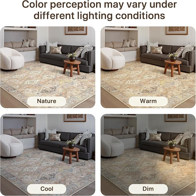 GENIMO 6x9Area Rugs for Living Room, Machine Washable Non Slip Vintage Rugs, Low Pile Lightweight Print Rug for Bedroom, Dining Room, Home Office, Warm Brown