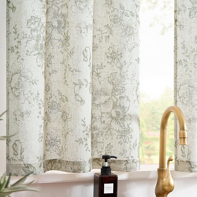 jinchan Floral Linen Tier Curtains 30 Inch Farmhouse Botanic Cafe Drapes for Small Windows Rustic Half Window Curtains for Kitchen Living Room Bathroom Laundry 2 Panels Green on Beige