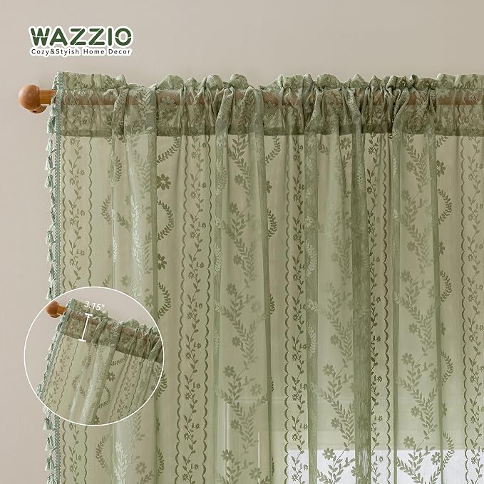 WAZZIO Boho Lace Curtains 2 Panels 72 Inch -Vintage Victorian Sheer Panel Drape French Country Floral Pattern & Tassel Light Filtering Privacy for Bedroom Dining Living Room,Light Sage Green,W52x L72