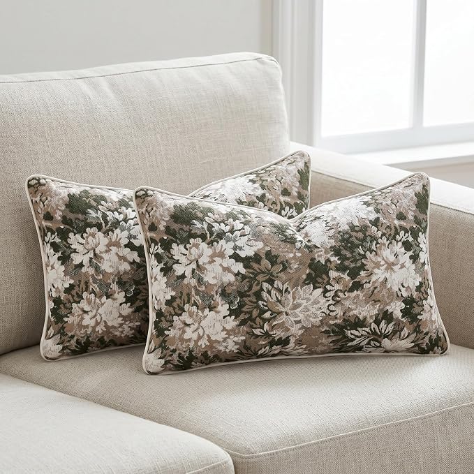 Vintage Floral Throw Pillow Covers 12x20 Inches Set of 2 Lumbar Boho Farmhouse Pillow Cases Premium Chenille Textured Decorative Cushion Covers for Couch Retro Garden Farmhouse Style Green