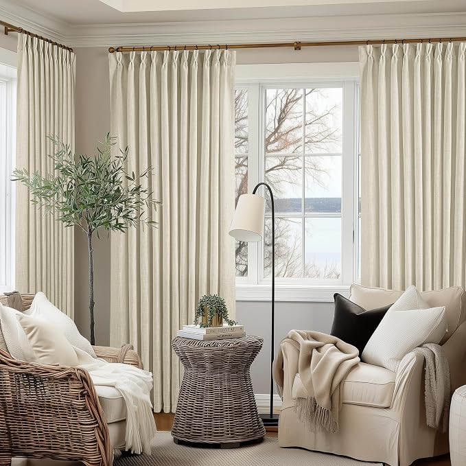 TWODRAPES Pinch Pleated Extra Wide Curtain Panels 96 Inches Long 70 Wide Linen Curtain for Patio Sliding Glass Door Beige Hooks Rings Semi Sheer Privacy 96 Inch Length for Living Room 70x96 1 Panel