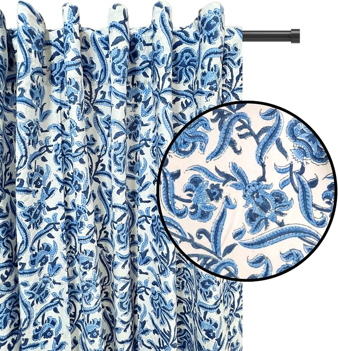 ATOSII 100% Cotton Single Panel Block Print Curtain, Easy Hanging with Rod Pocket & Loop, Living Room, Dining Room, Bedroom Light Filtering Boho Curtains, Set of 1, 60" W X 96" L, Midnight Bloom