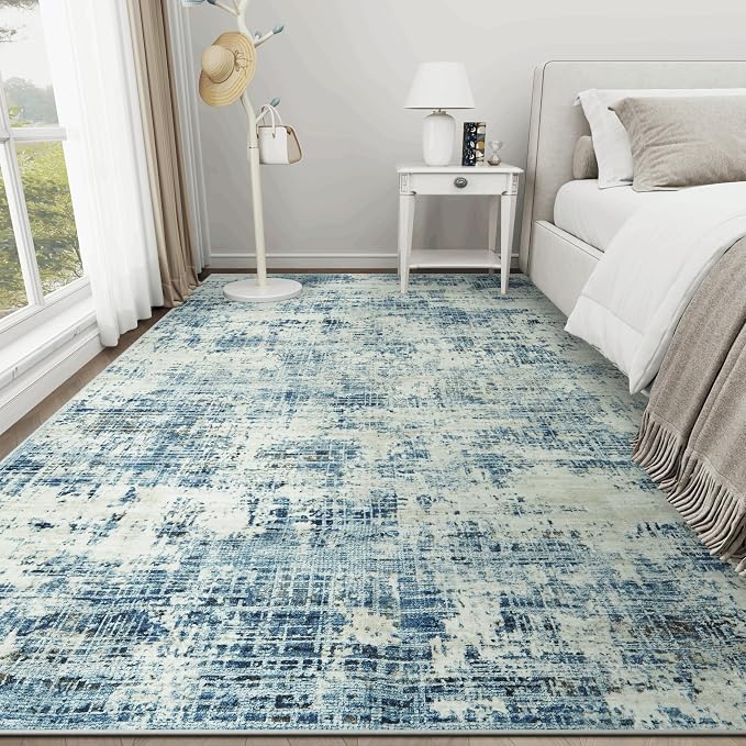 9x12 Area Rugs Washable Rug: Anti-Skid Abstract Modern Living Room Rug Soft Thin Carpets Indoor Floor Non-Shedding Carpet for Bedroom Dining Farmhouse Nursery Home Office (Blue Gray/Gold, 9'x12')