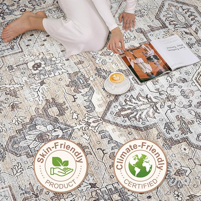 10x13 Area Rugs Living Room: Washable Boho Large Neutral Vintage Soft Rug Stain Resistant Farmhouse Non Slip Indoor Floor Carpet for Bedroom Nursery Kids Playroom Office Dining Room- Cream Grey