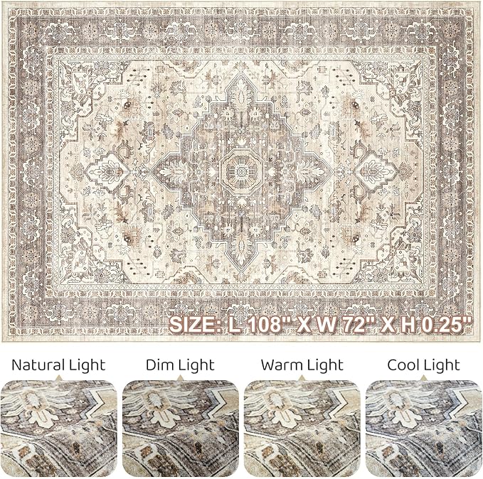 6x9 Area Rugs Living Room: Washable Boho Large Neutral Vintage Soft Rug Stain Resistant Farmhouse Non Slip Indoor Floor Carpet for Bedroom Nursery Kids Playroom Office Dining Room- Beige Brown