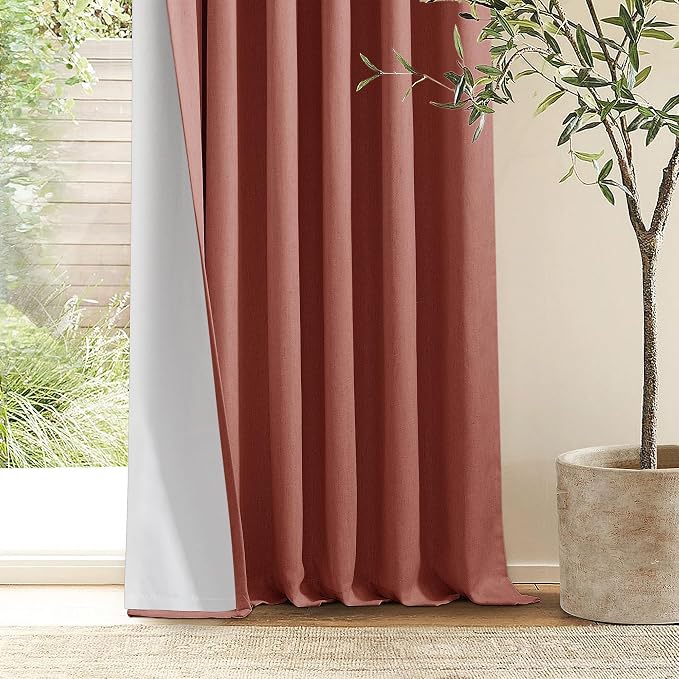 Terracotta Pleated Linen Blackout Curtains 90 Inches Long for Bedroom Living Room Pinch Pleat Black Out Thermal Insulated Ring Hooks Back Tab Room Darkening Drapes Burnt Orange Curtains with Liner