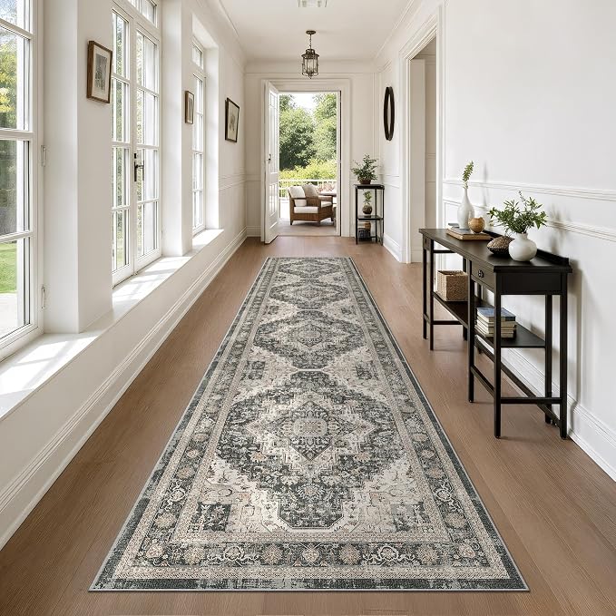 Roxstand Washable 2.6x12 Hallway Runner Rug, Black/Beige | low-pile carpet, non-slip backing,12ft long runner, stain resistant, for kitchen, laundry room, entryway, pet friendly