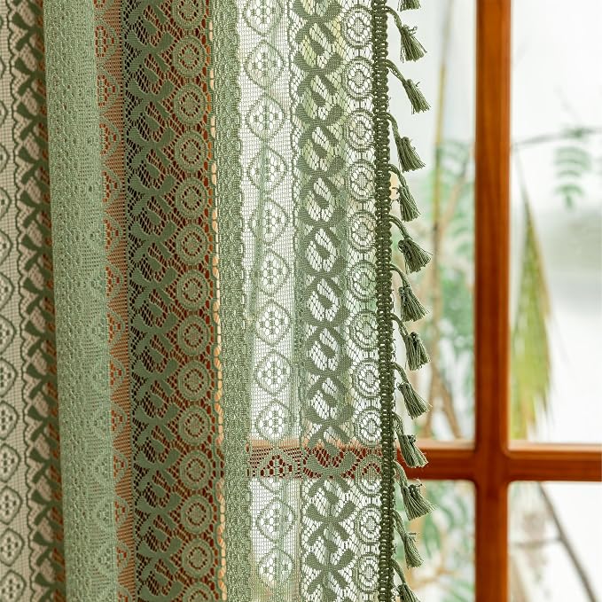 Sutuo Home Boho Lace Sheer Curtains 2 Panels for Bedroom Home Office, French Country Privacy Vintage Chic Drape Tassels Cottage Rustic Geometry Rod Pocket Christmas Decor, 50" x 108" Olive Green