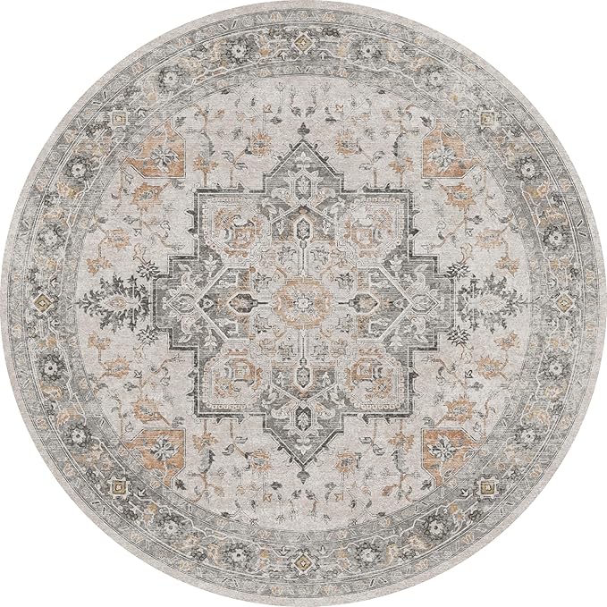GENIMO 4FT Round Area Rugs for Living Room, Circle Rugs Machine Washable Low Pile, Non Slip Vintage Rug for Bedroom, Dining Room, Home Office, Light Taupe Brown