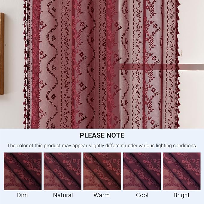 WAZZIO Boho Lace Curtains 2 Panels 63 Inch -Victorian Sheer Panel Drape French Country Floral Pattern & Tassel Light Filtering Privacy for Bedroom Dining Living Room,Burgundy Red,W52x L63